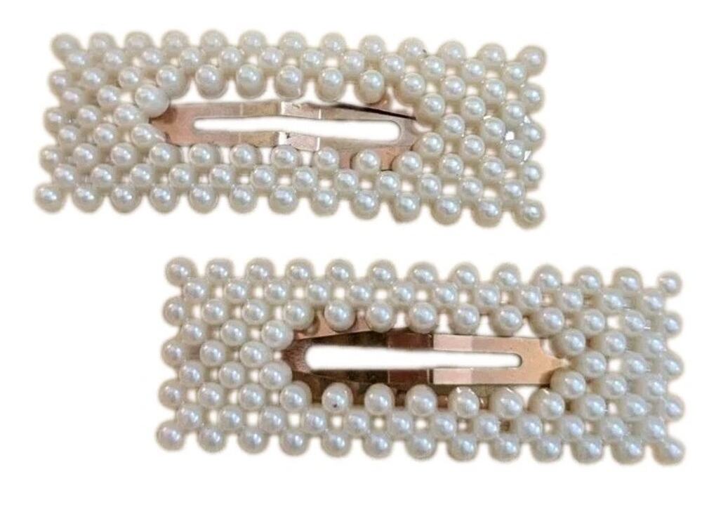 Vintage Faux Pearl Barrette Hair Clip Pair Set 2 Accessory White Beaded 3"